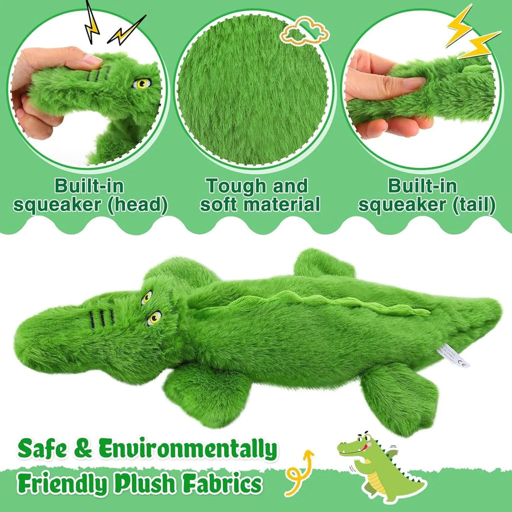 Green crocodile-shaped plush dog chew toy with no-stuffing construction