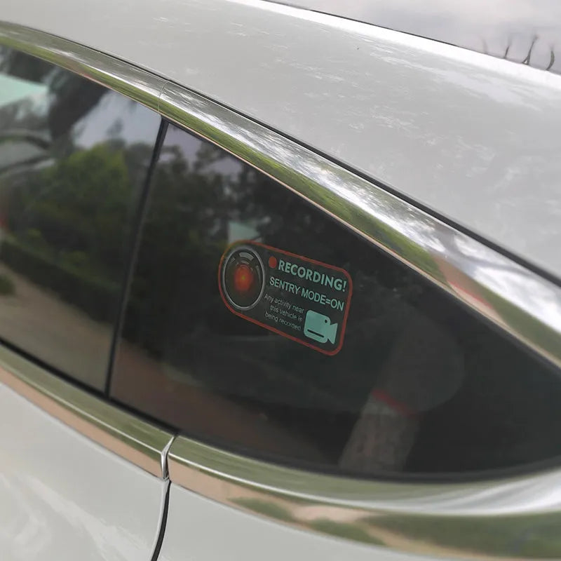 Tesla sentry mode electrostatic warning sticker pair measuring 11x5cm for Model 3 Y S X vehicles