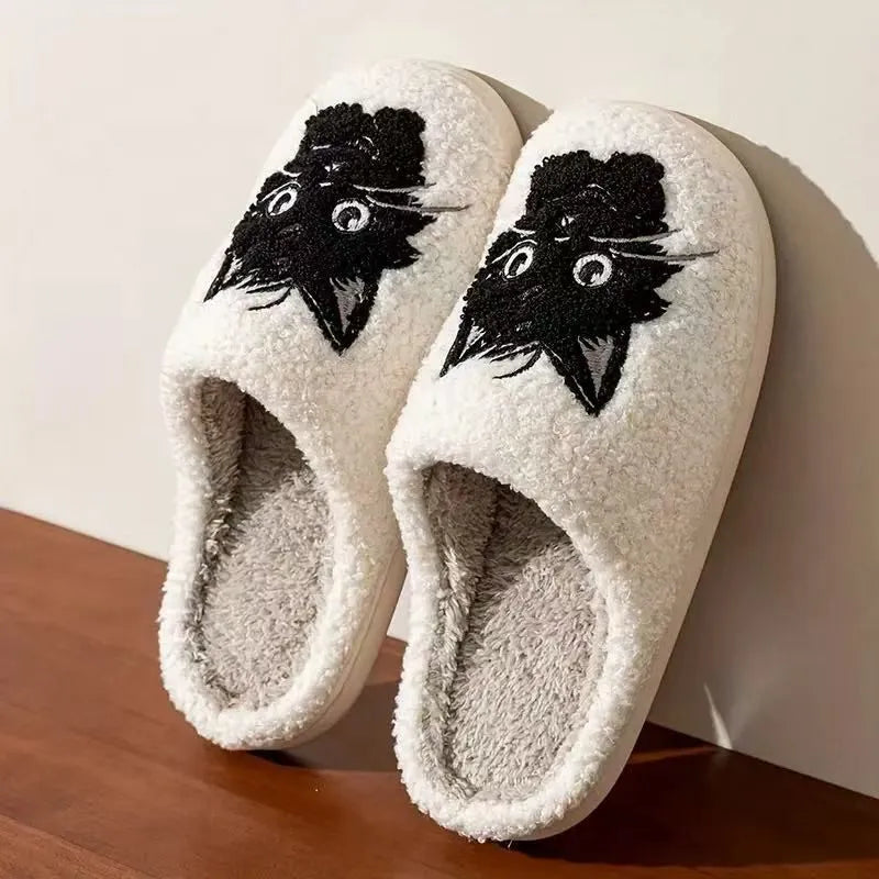 White plush slippers with Black Beard Cat cartoon couple pattern and non-slip sole.
