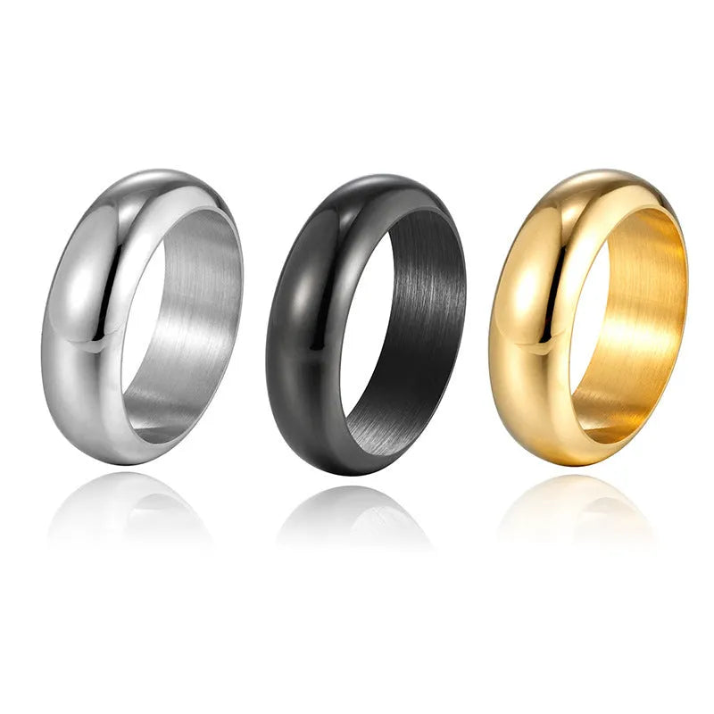 Electroplated titanium steel ring in glossy gold, black or steel colour on size display