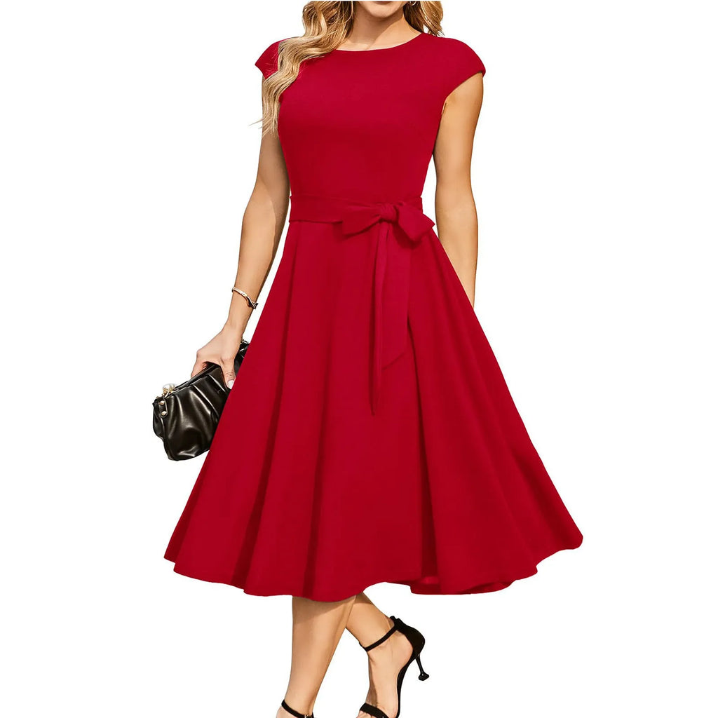 Sleeveless lace-up waist dress with a flowing oversized swing skirt in a solid colour.