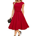 Sleeveless lace-up waist dress with a flowing oversized swing skirt in a solid colour.