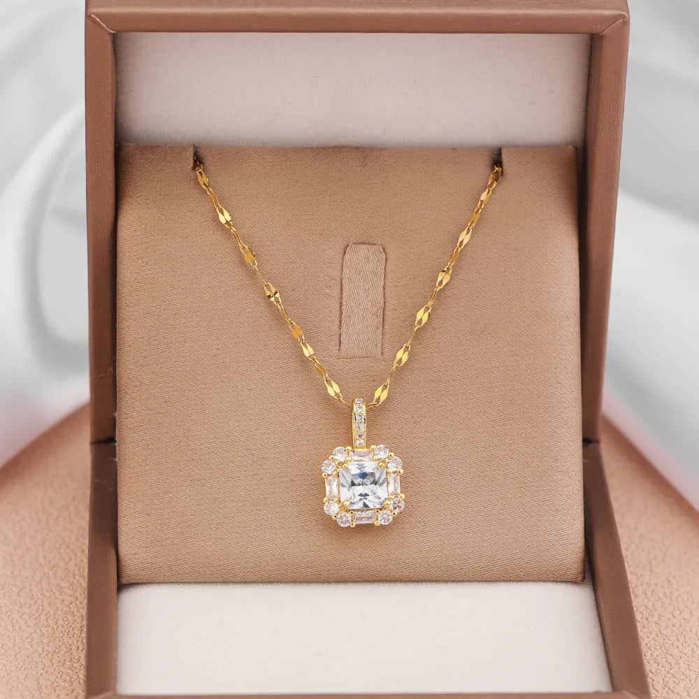 Gold titanium steel necklace with geometric quadrilateral pendant featuring mixed gemstone inlay on water wave chain