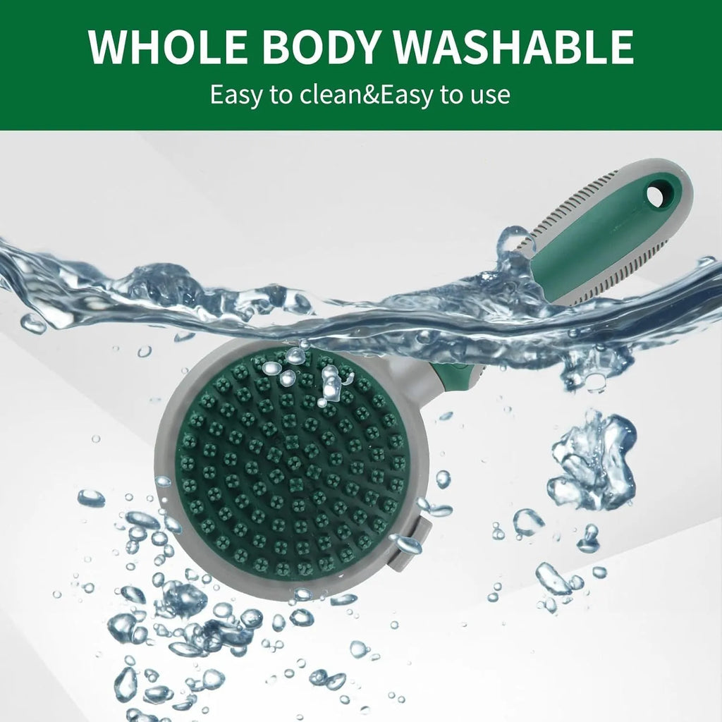 Green two-sided silicone pet brush with retractable slicker pins and a silicone massager head.