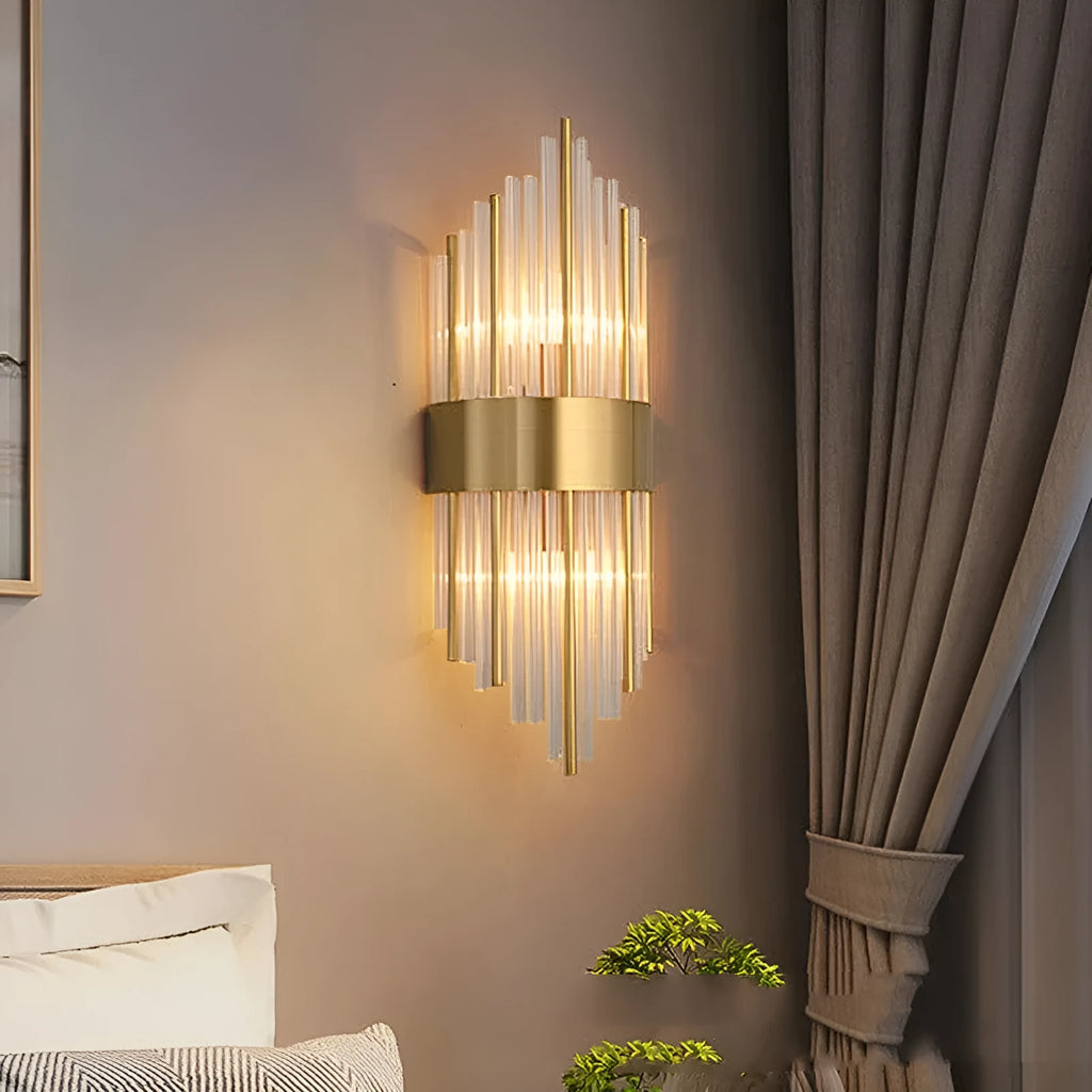 Modern wall lamp with crystal petal shade in titanium gold or black metal finish