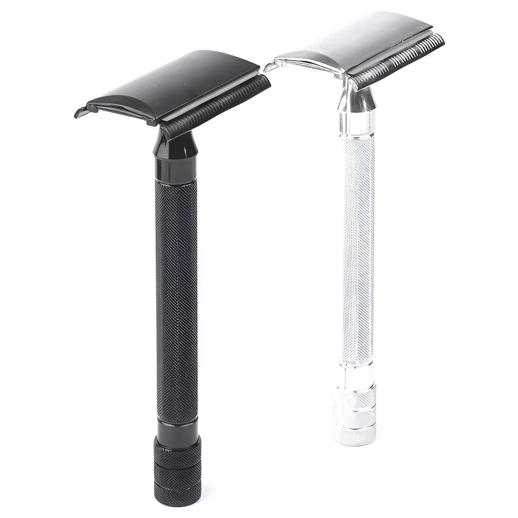 Manual stainless steel shaver and brush set for traditional wet shaving in black or silver finish