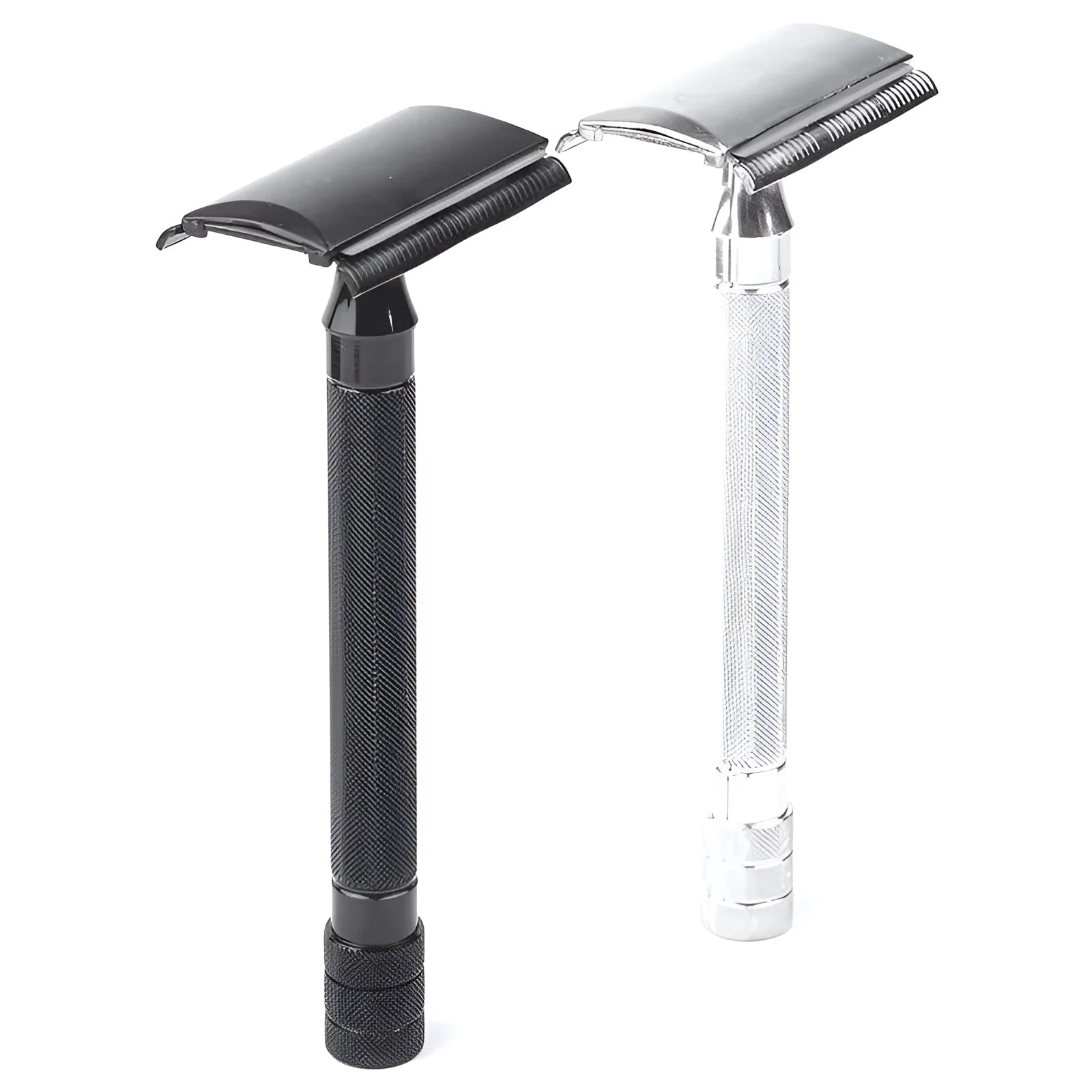 Manual stainless steel shaver and brush set for traditional wet shaving in black or silver finish