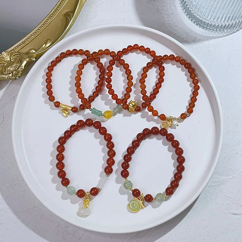 Red agate bracelet for women with Chinese style dragon or lucky bag design manual craftsmanship