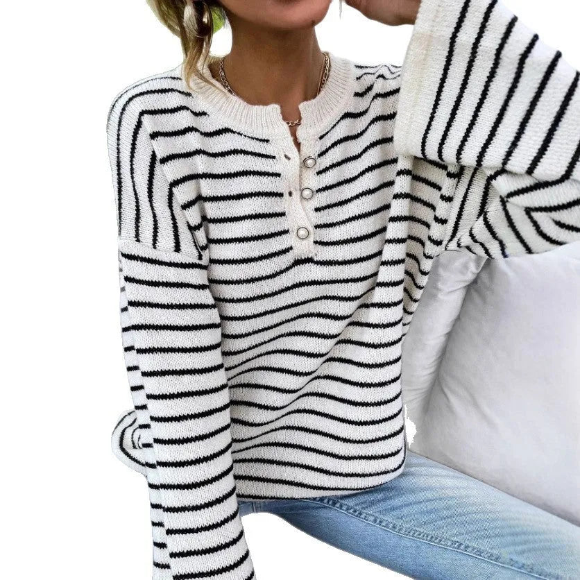 Women's black striped loose long sleeve viscose top with drop-shoulder design