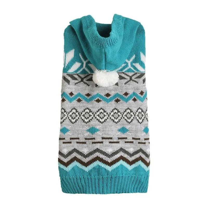 Green diamond pattern pet sweater on dog showing ribbed knitting and classic design