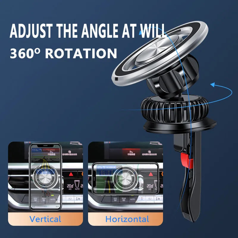 Black car air vent magnetic phone holder with alloy bracket mounted on vehicle ventilation