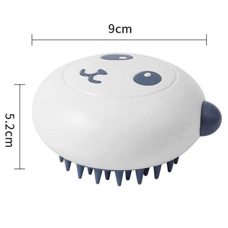 Panda-shaped silicone pet bath brush with soft bristles for cats and dogs in blue.
