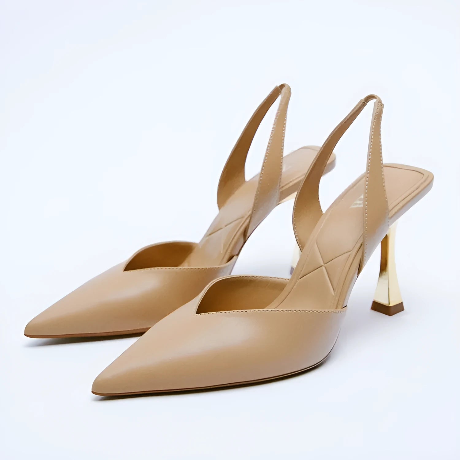 Women's pointed toe high heels in apricot patent leather, showing shallow mouth design.