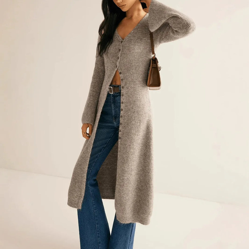 Khaki French style elegant retro women's cardigan with button front closure and long sleeves