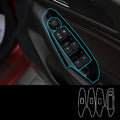 Set of four TPU protective films for car door control panel, shown in transparent, matte black, and carbon fibre black finishes.