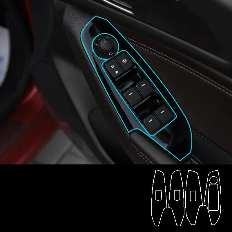 Set of four TPU protective films for car door control panel, shown in transparent, matte black, and carbon fibre black finishes.