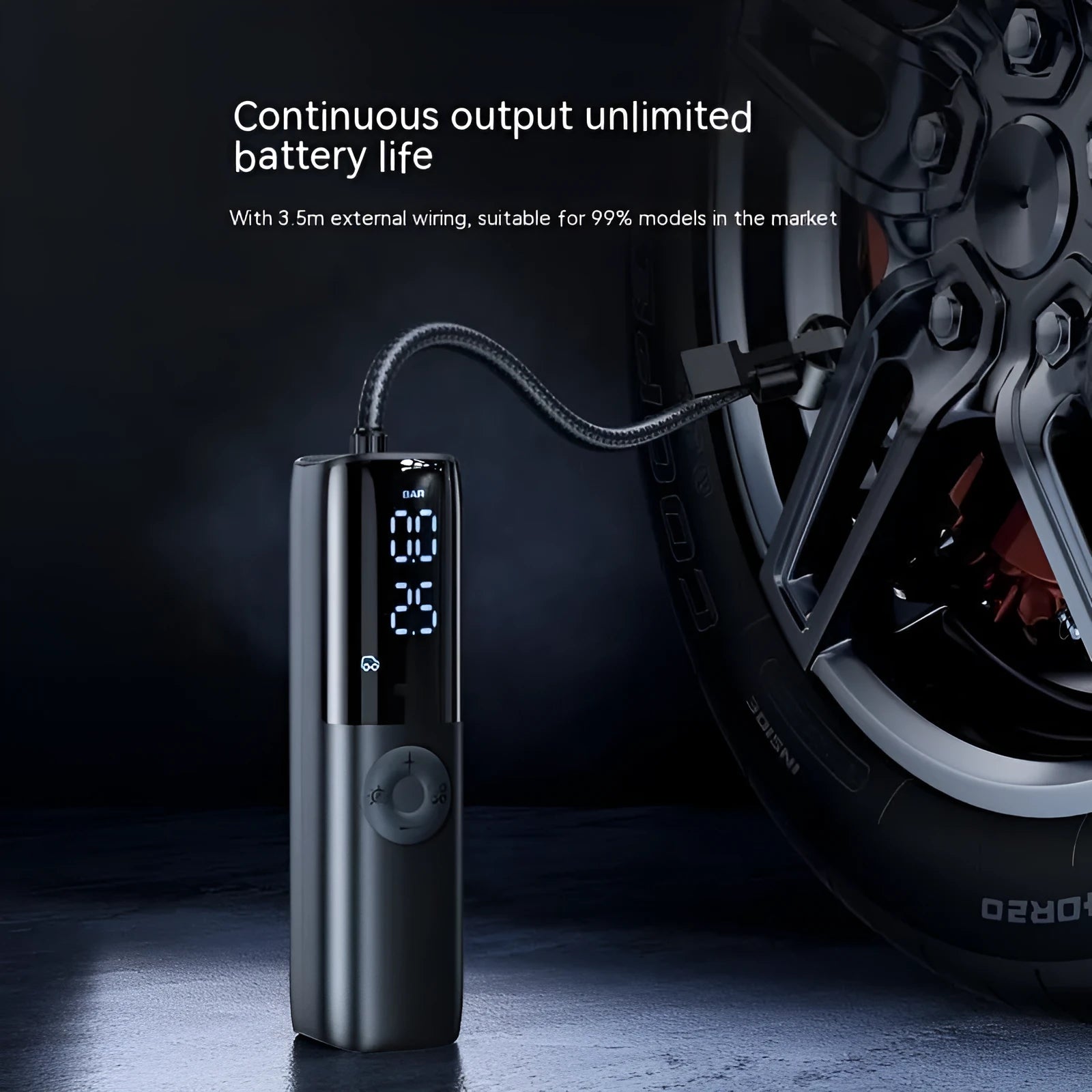 Black portable electric vehicle air pump with integrated tyre pressure gauge and ABS inflation tube