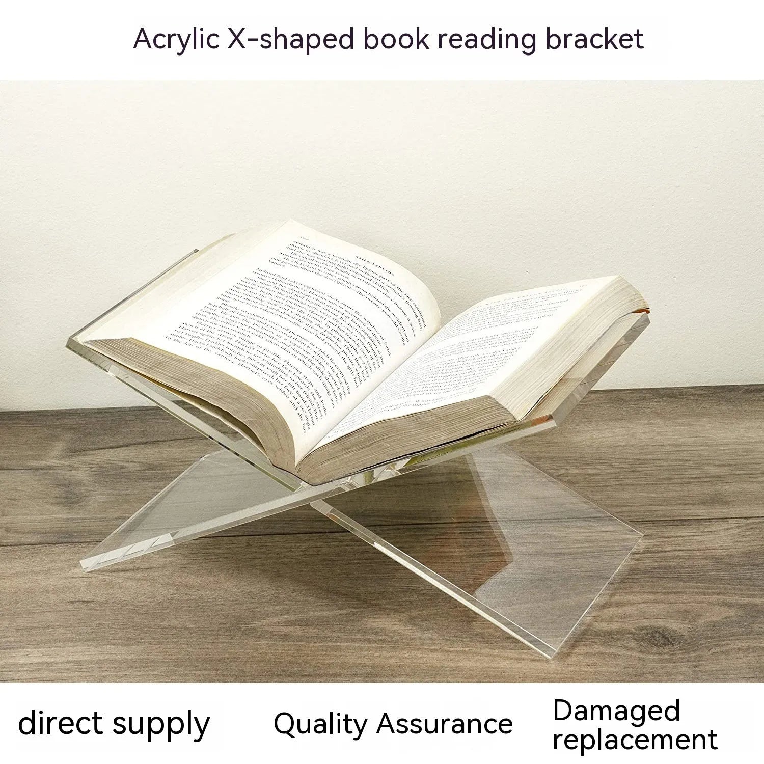 Clear acrylic X-shaped book reading rack holding a book on a desk