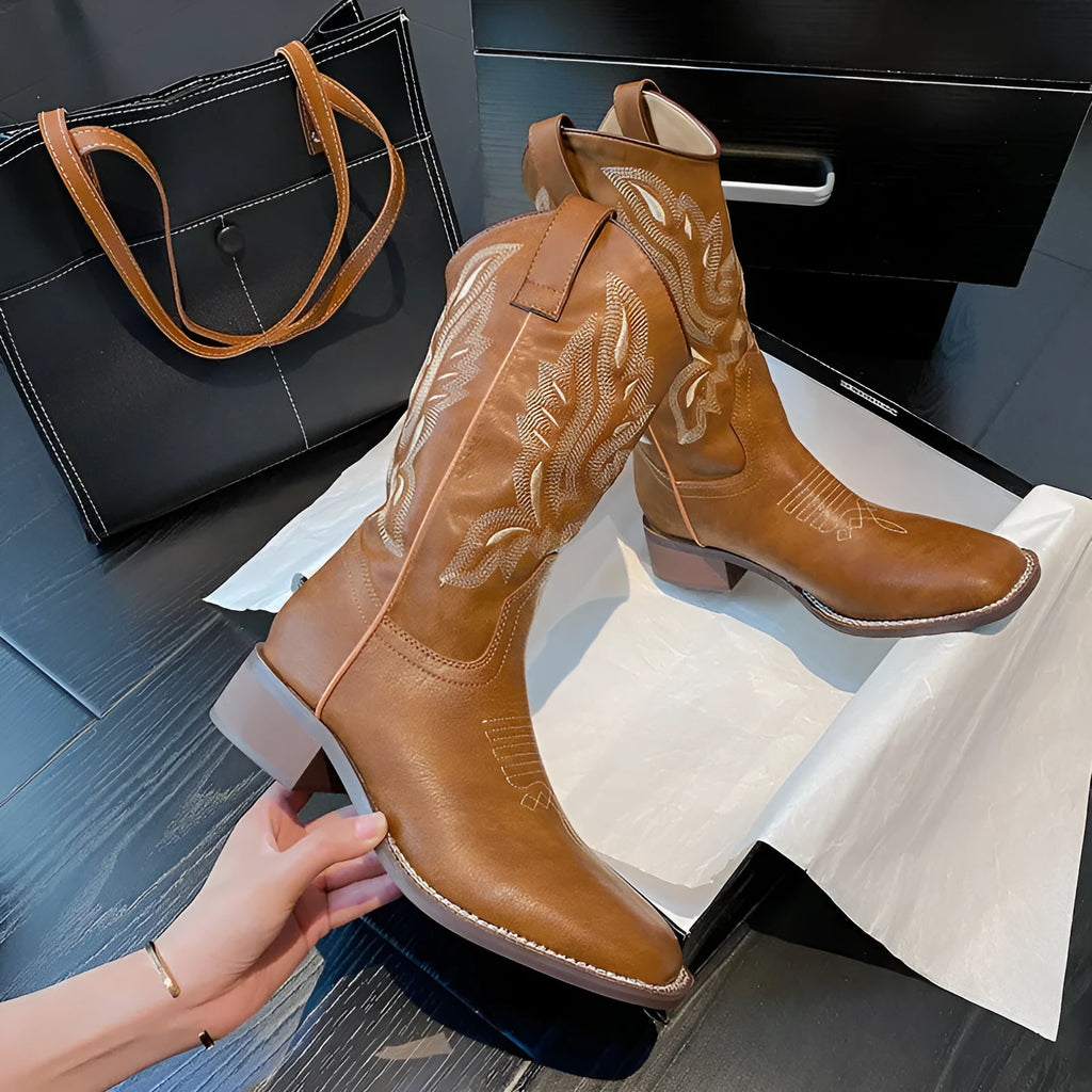 Brown women's embroidered martin boots with mid-calf length and square low heel