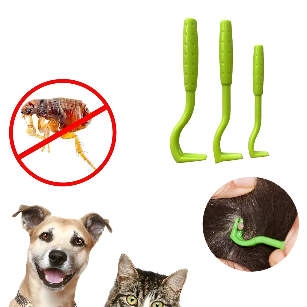 Three plastic pet tick removal clip tools with hook comb, shown in blue or green colour options.