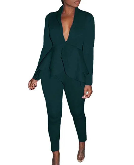 Women's ruffled air layer business casual top and pencil pants set in multiple colours