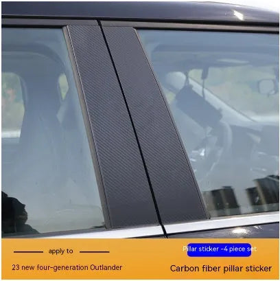 23 New Outlander car window pillar protective vinyl decals in bright black and carbon fibre pattern.