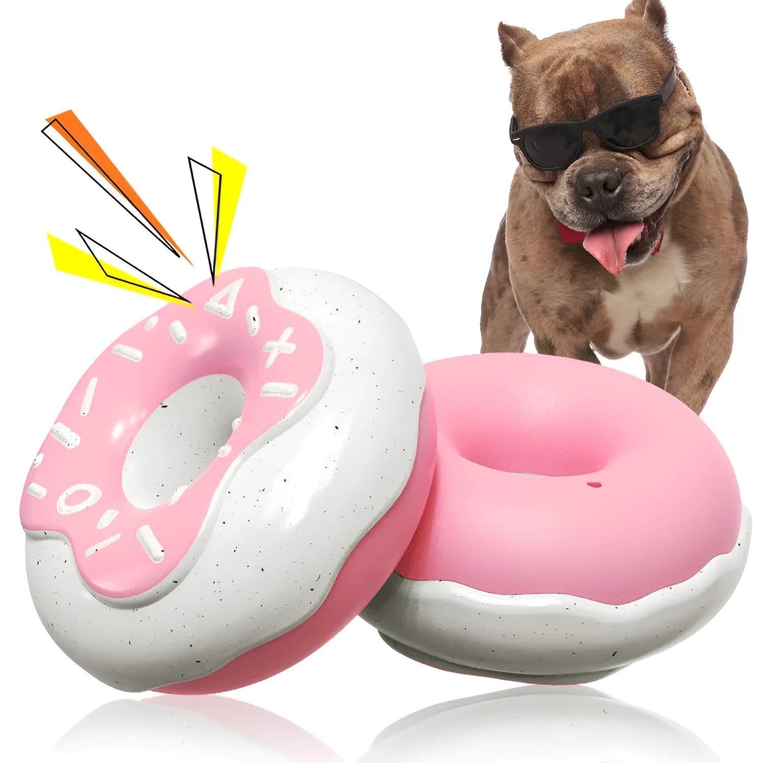 TPR donut-shaped dog toy with dental cleaning ridges and squeaker in pink, yellow, or chocolate colours