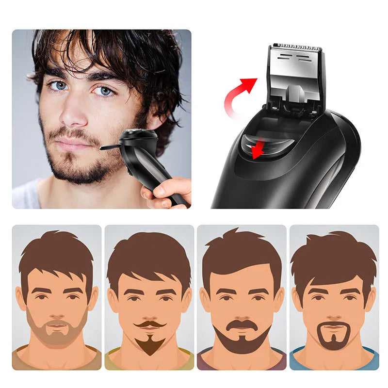 Men's electric shaver and grooming kit with three rotating heads, pop-up trimmer, USB cable, and cleaning brush.