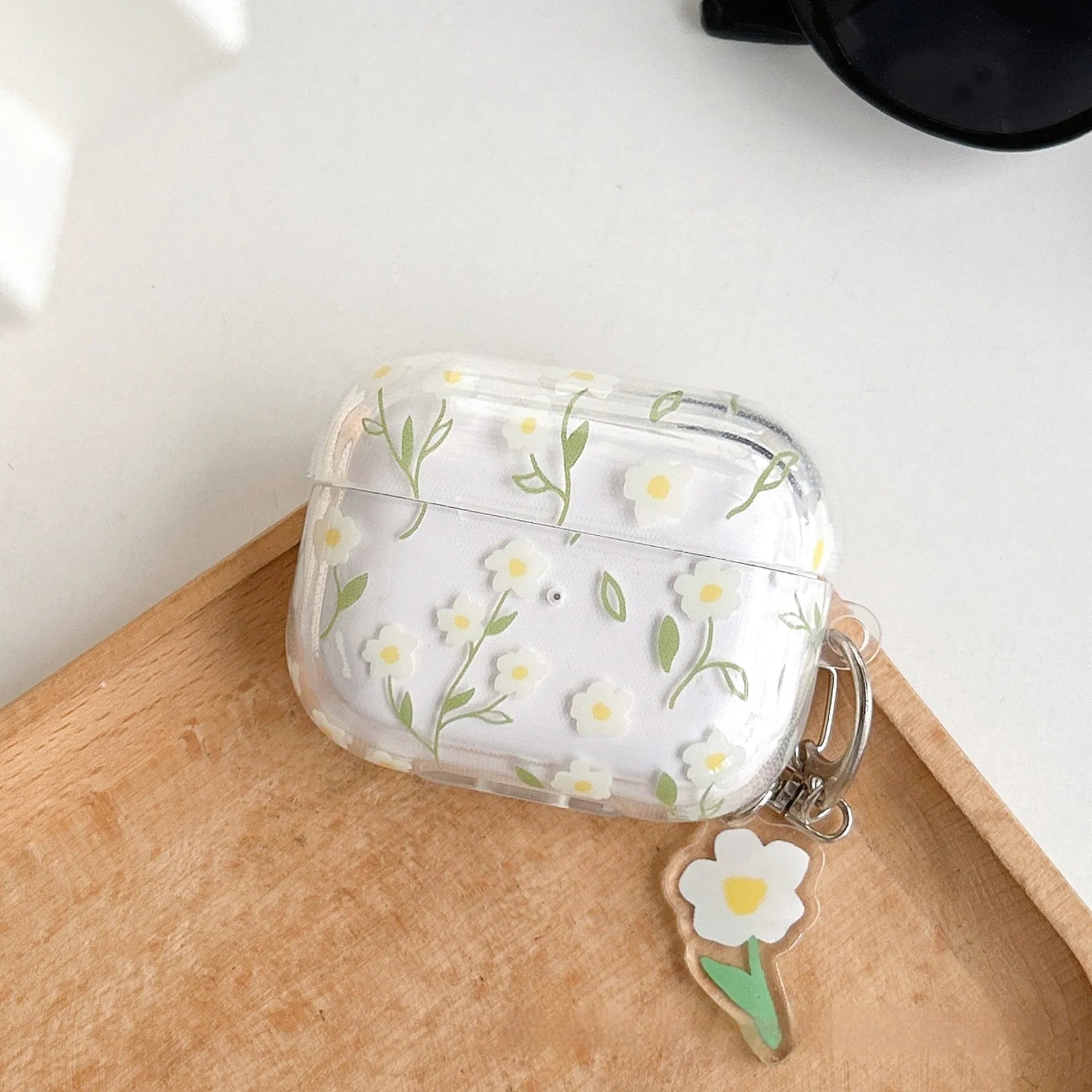 White floral pattern AirPods protective cover with high-transparency TPU material