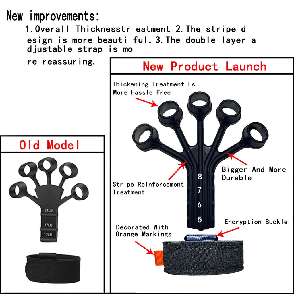 HLX silicone finger tension trainer with puller, tension ropes, and adjusting belt for hand exercises.