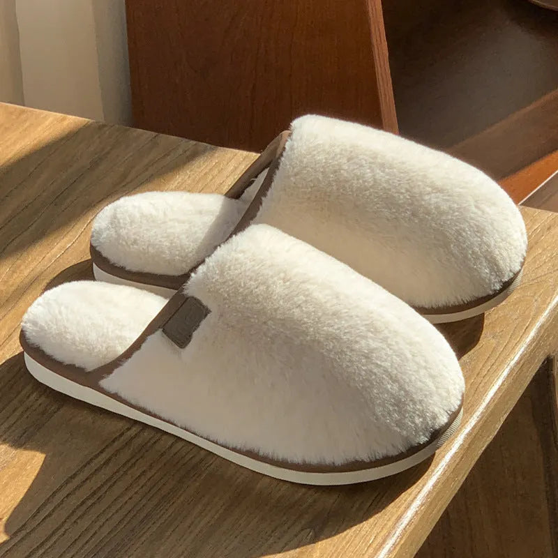 Solid colour winter plush slippers with non-slip PVC sole