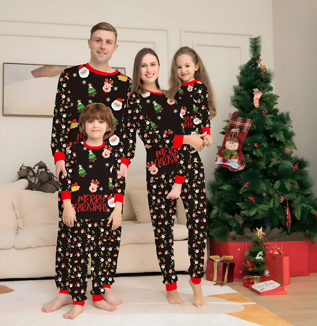 Family matching Christmas pajamas set in plaid and cartoon prints, showing adult, child, and dog sizes.