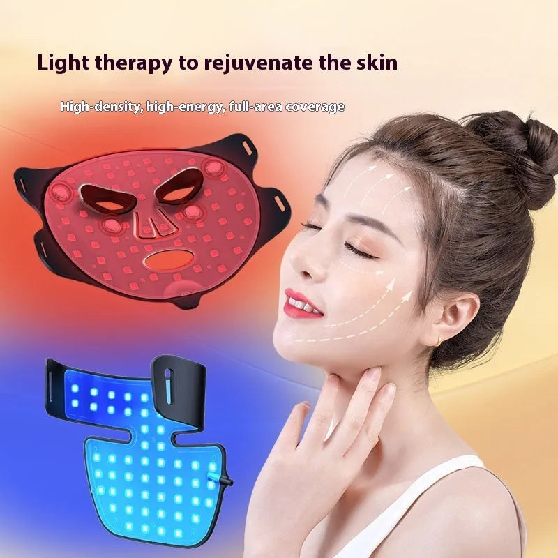 Black LED photon therapy face mask with four-colour infrared lights and adjustable settings for home skincare treatment