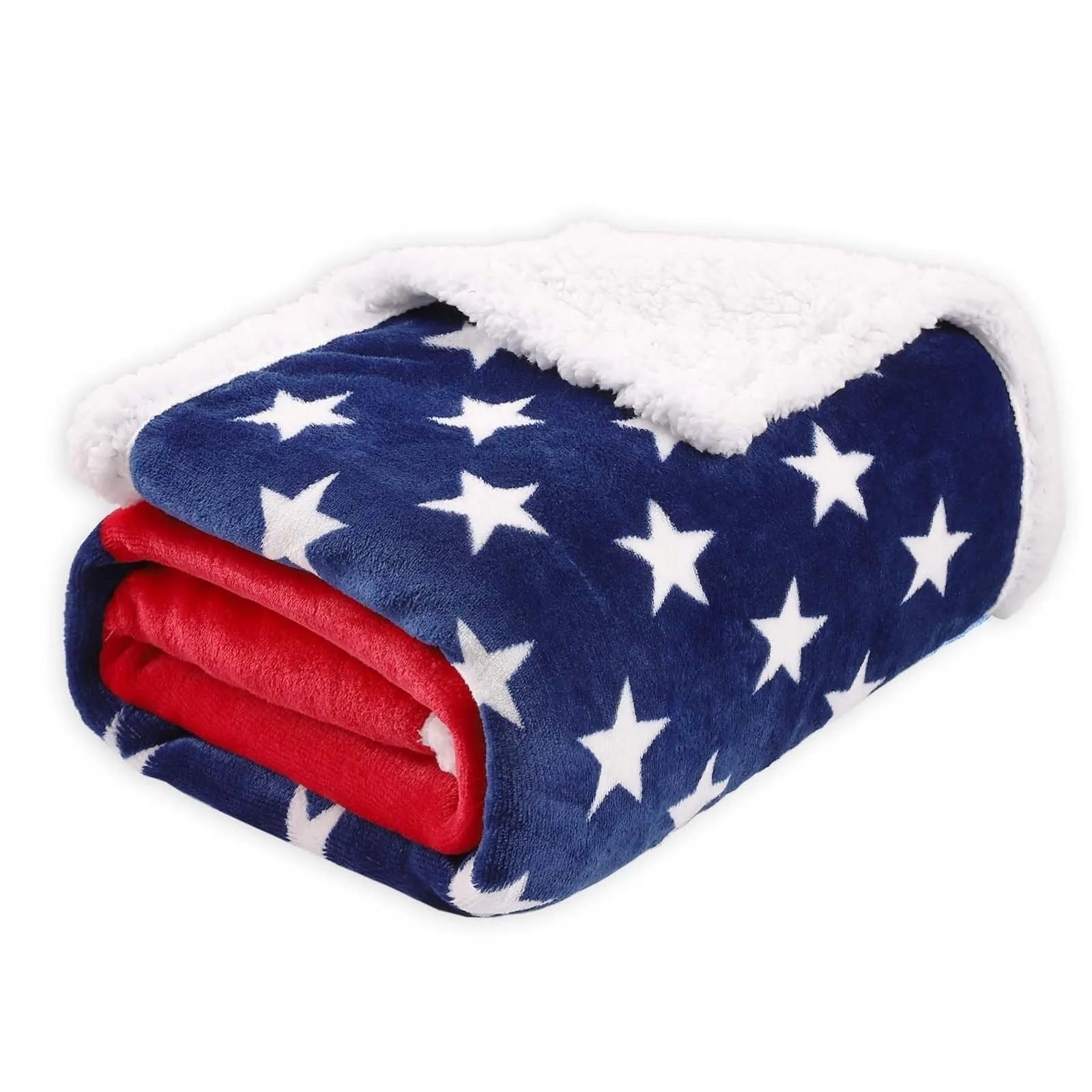 American style striped lambswool-look polyester blanket laid flat, showing three size options.