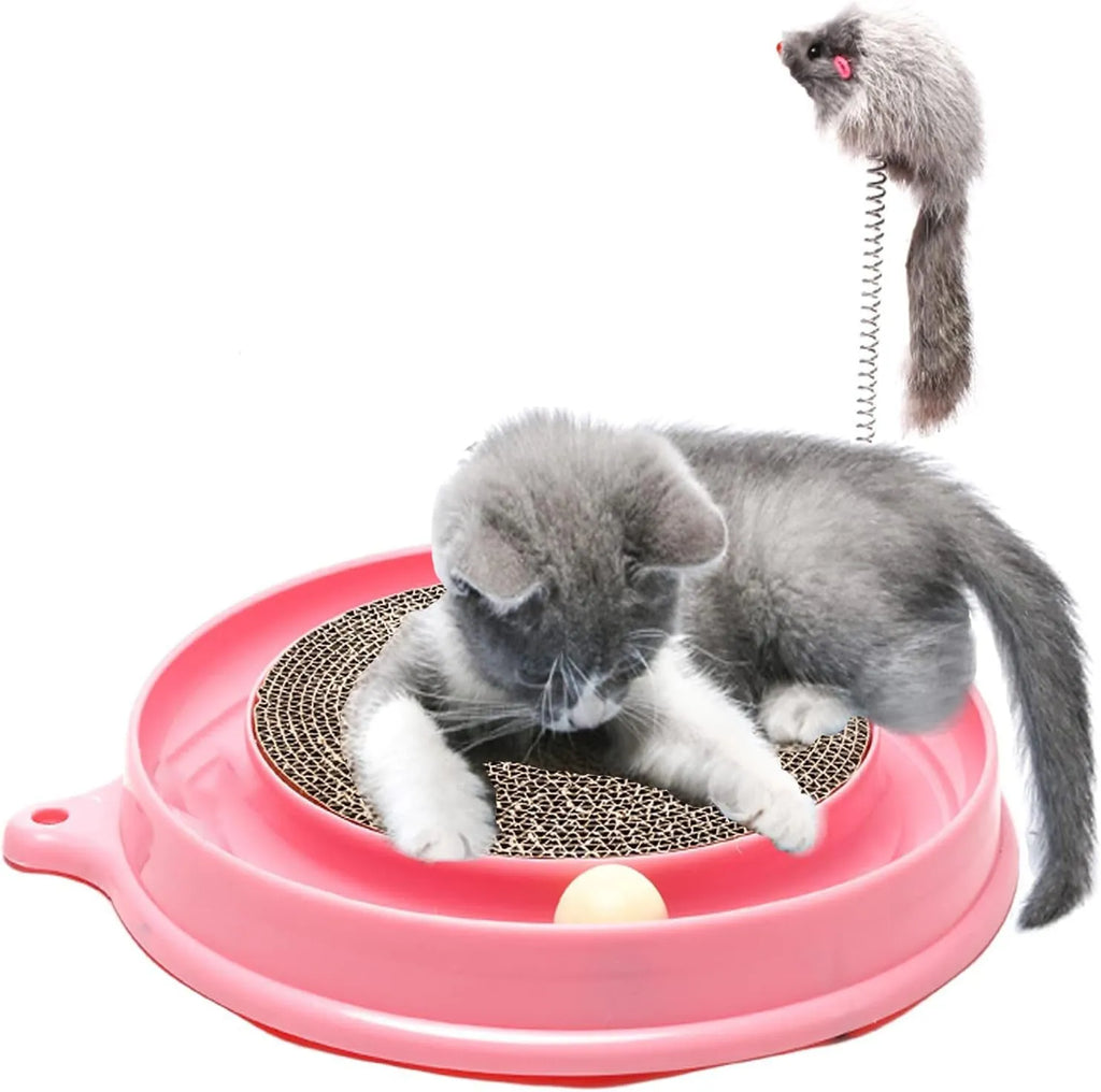 Blue cat scratcher toy with circular ball track and replaceable corrugated cardboard scratching pad