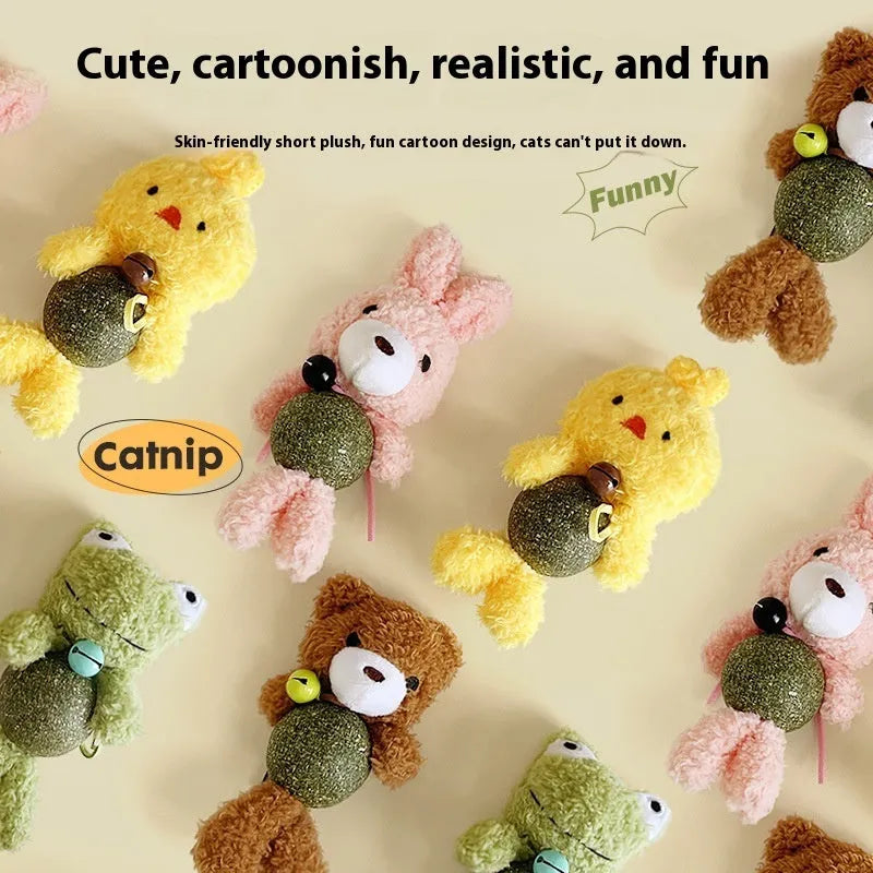 Brown bear plush catnip toy with 4cm mint ball and bell for kitten dental relief and play