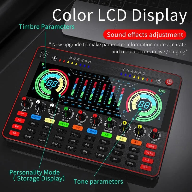 G4 professional sound card set with condenser microphone, remote control, audio cables, and LCD display