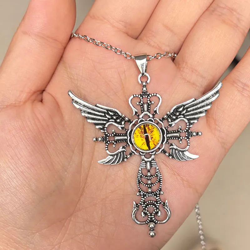 Geometric devil wings and cross alloy pendant necklace shown in available colours: blue, green, purple, red, yellow.