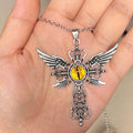 Geometric devil wings and cross alloy pendant necklace shown in available colours: blue, green, purple, red, yellow.