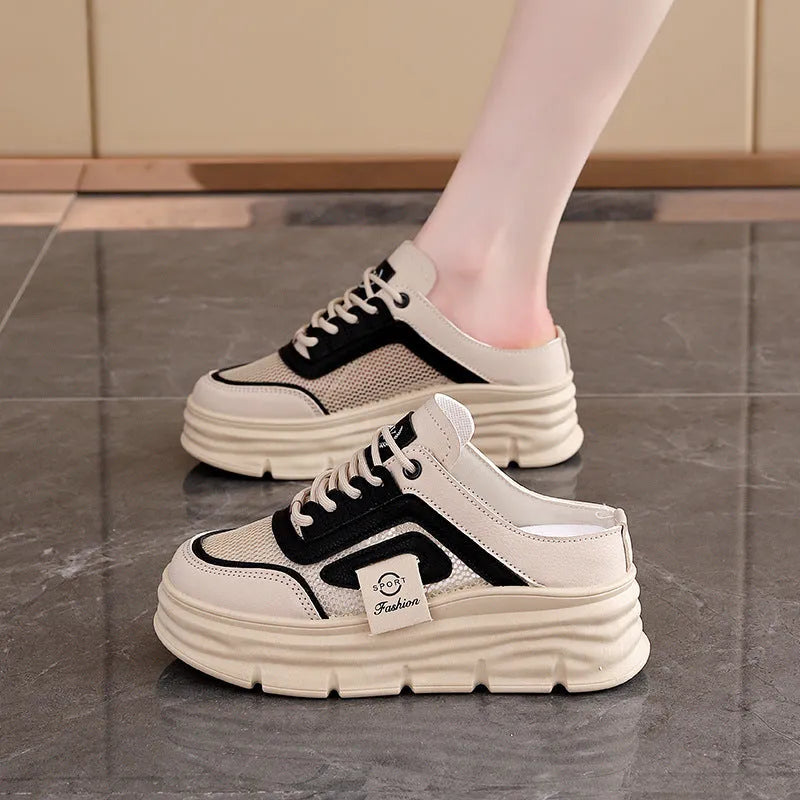 Women's casual half slippers with mesh upper and round toe in black khaki and white colors