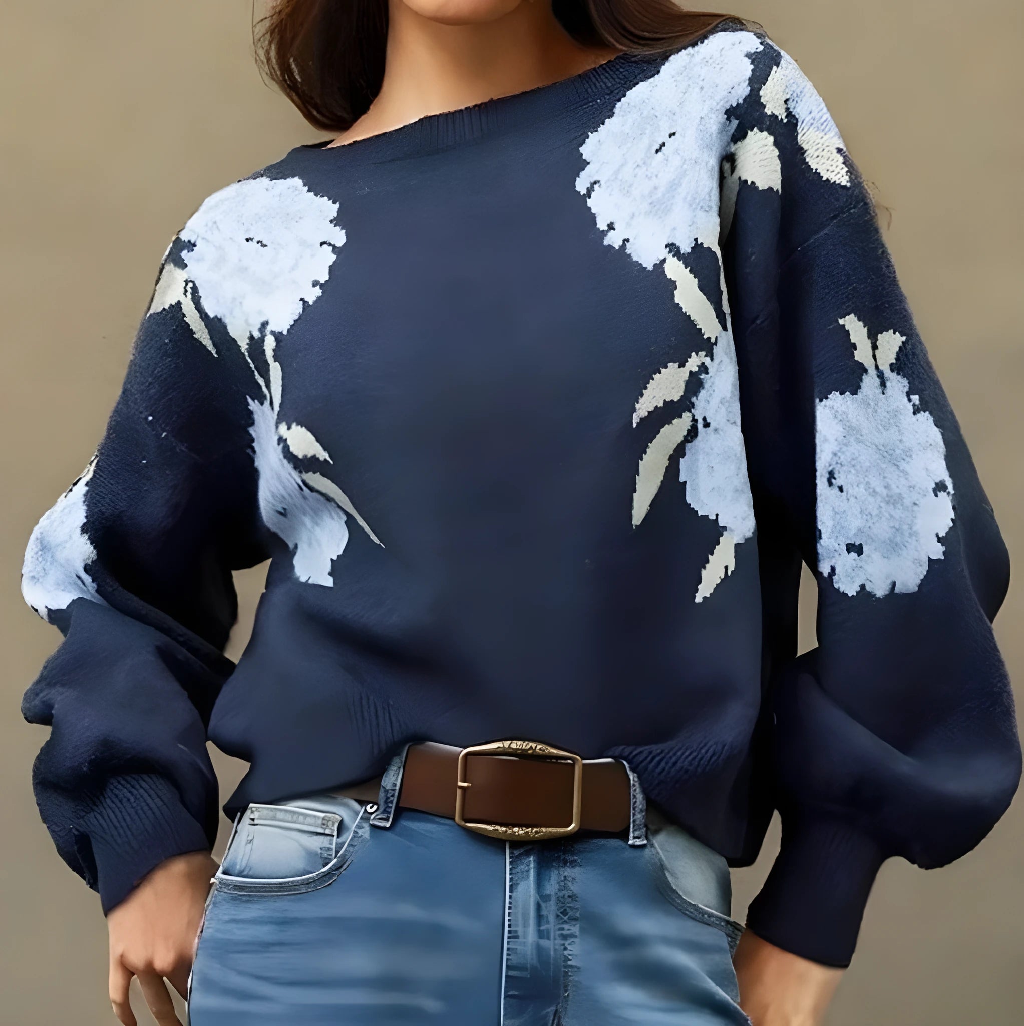 Sapphire blue women's pullover with floral jacquard pattern, loose fit with regular sleeves