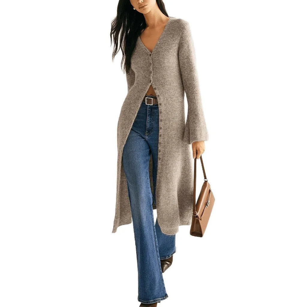Khaki French style elegant retro women's cardigan with button front closure and long sleeves