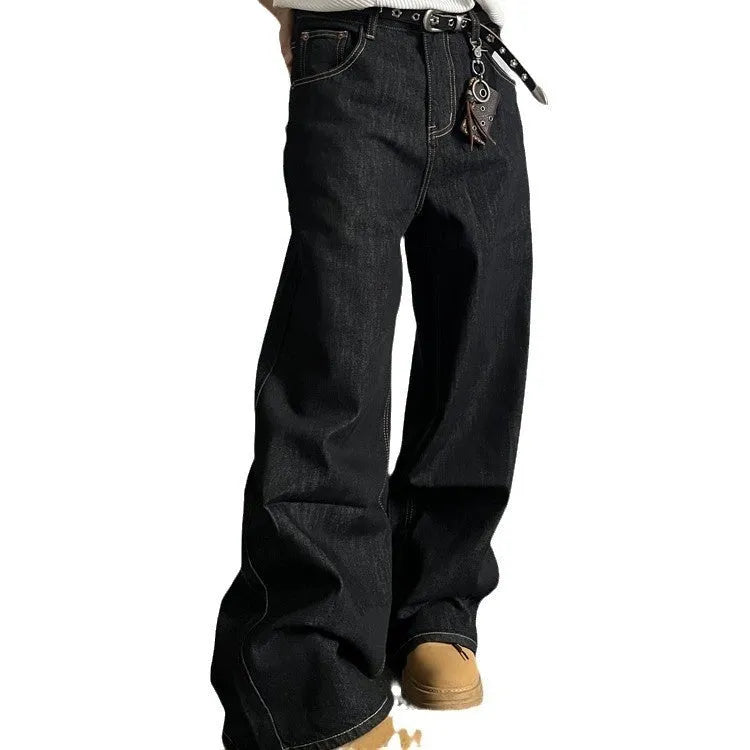 Black retro straight-leg jeans with loose wide-leg design and zip placket closure