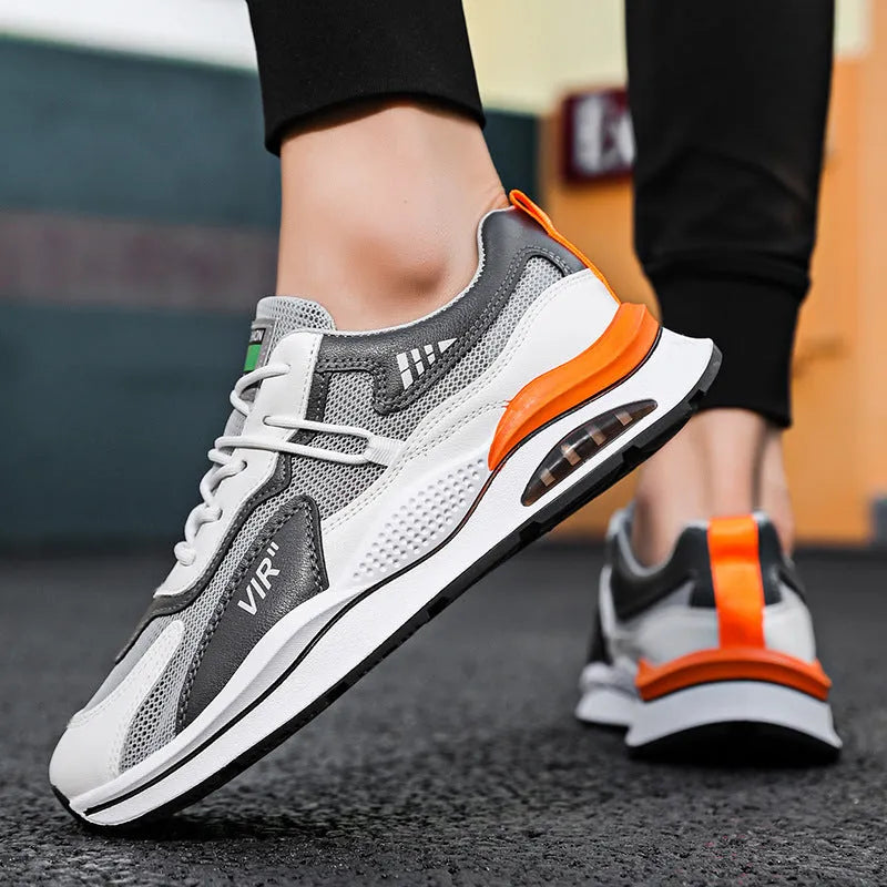 Men's grey and black mesh running shoes with round toe and EVA sole