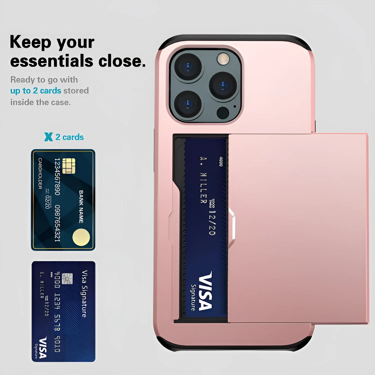 Card push sliding phone case for iPhone 14 series in black with back card slot and sliding cover