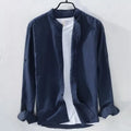 Men's loose fit long sleeve cotton linen shirt in solid colour with button-up front