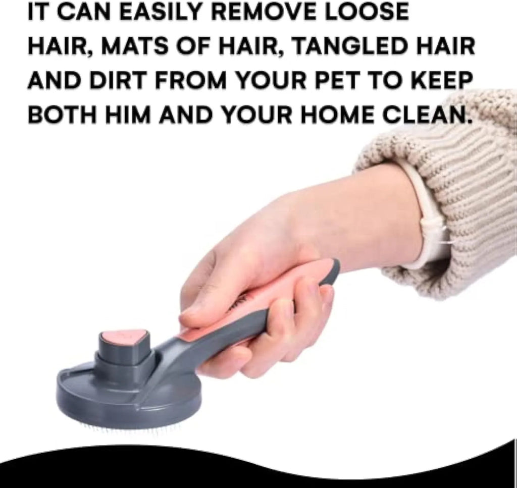 Grey self-cleaning slicker brush for pets with a non-slip handle and one-touch cleaning button.
