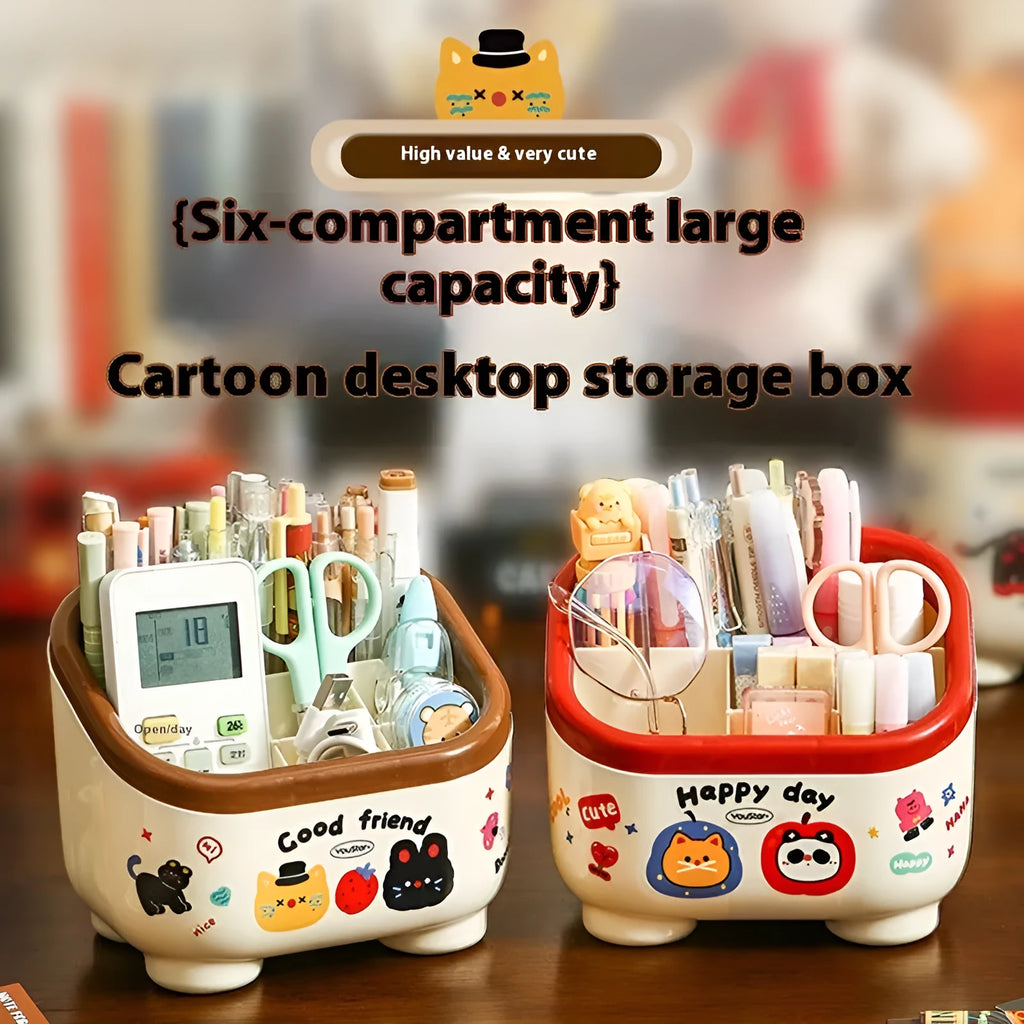 Cartoon-style red and brown plastic desktop storage organiser with grid compartments and 2L capacity.