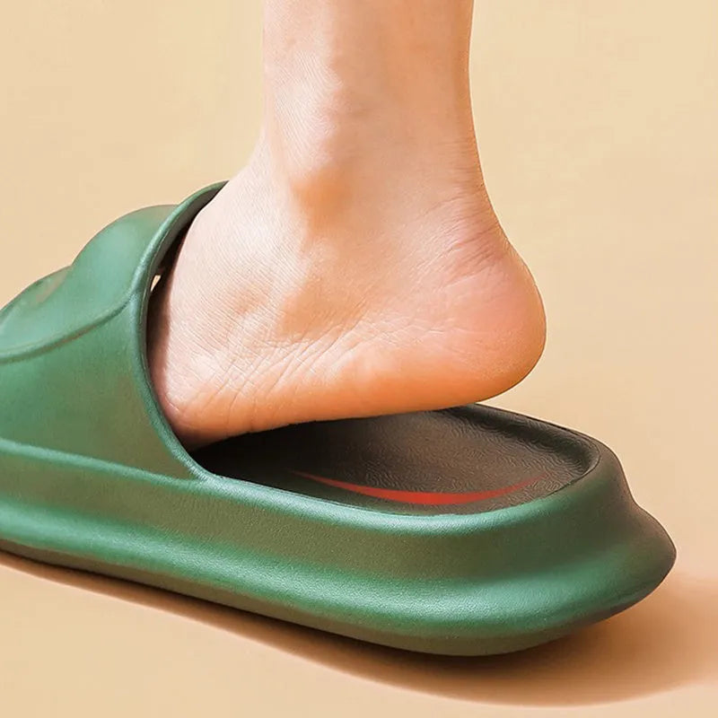 Thickened EVA flip-flop slippers in multiple colours showing the sole thickness.