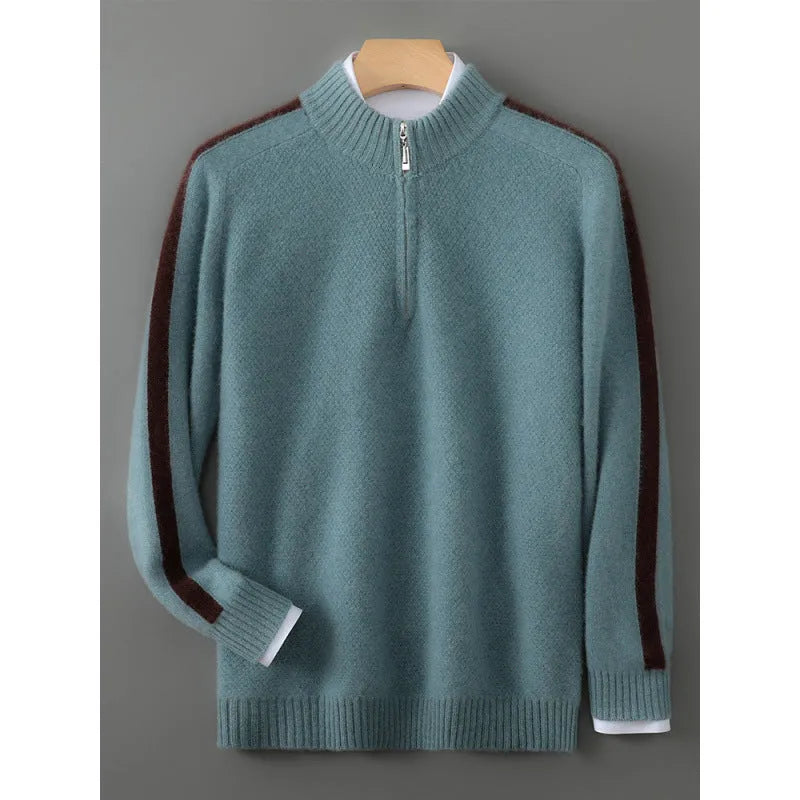 Slim fit grey sheep wool knitted sweater with a half-height zip and round neck on a hanger.